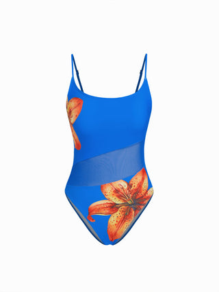 Floral High Stretch Square Neck Mesh Panel One Piece Swimsuit