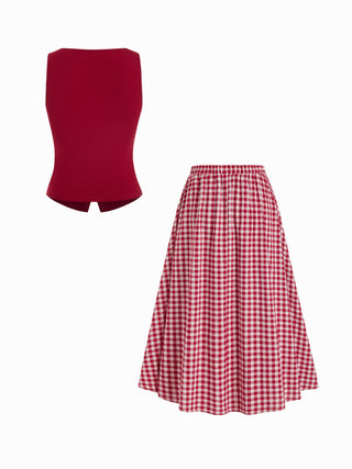 Cotton Button Top &  Gingham A-line Maxi Skirt Set