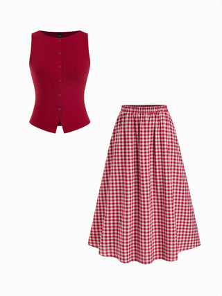 Cotton Button Top &  Gingham A-line Maxi Skirt Set