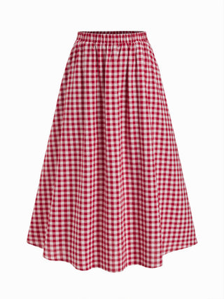 Cotton Button Top &  Gingham A-line Maxi Skirt Set