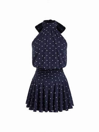 Stand Collar Sleeveless A-Line Mini Dress with Scarf