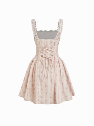 Cotton Floral Stripe Square Neck Lace Trim Bowknot Flared Mini Dress