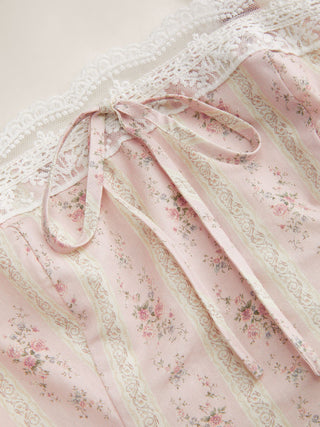 Cotton Floral Stripe Square Neck Lace Trim Bowknot Flared Mini Dress