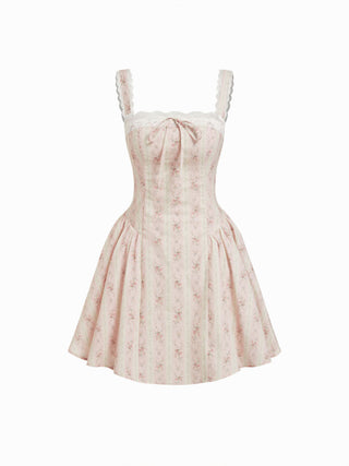 Cotton Floral Stripe Square Neck Lace Trim Bowknot Flared Mini Dress