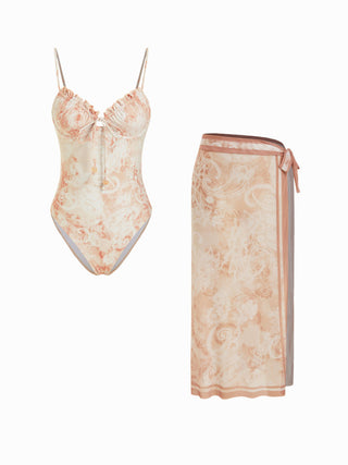 Paisley Underwire One Piece Swimsuit with Sarong Skirt Set