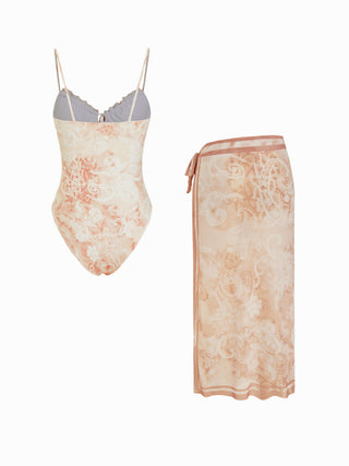 Paisley Underwire One Piece Swimsuit with Sarong Skirt Set