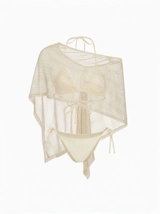 Tie Side Bikini Set with Glitter Asymmetrical Cover Up Top