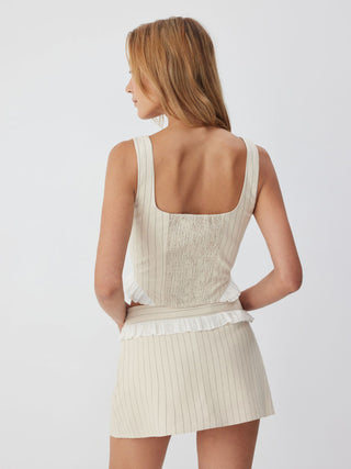 Linen-blend Stripe Square Neck Ruffled Top & Low Rise Mini Skirt Set
