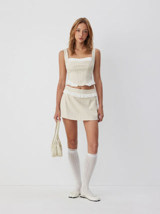 Linen-blend Stripe Square Neck Ruffled Top & Low Rise Mini Skirt Set