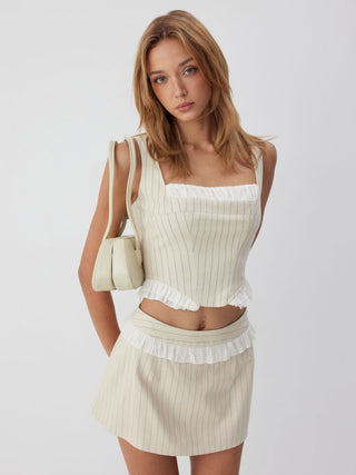 Linen-blend Stripe Square Neck Ruffled Top & Low Rise Mini Skirt Set