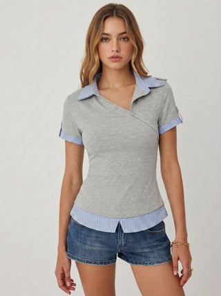 Cotton Striped Asymmetrical Polo Neck Short Sleeve Top
