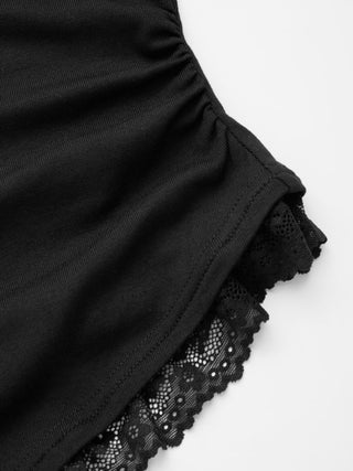V-neck Bell Sleeve Ruched Lace Trim Asymmetrical Hem Tee