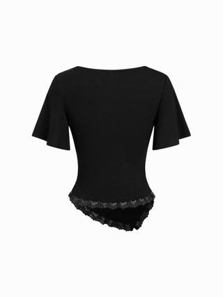 V-neck Bell Sleeve Ruched Lace Trim Asymmetrical Hem Tee