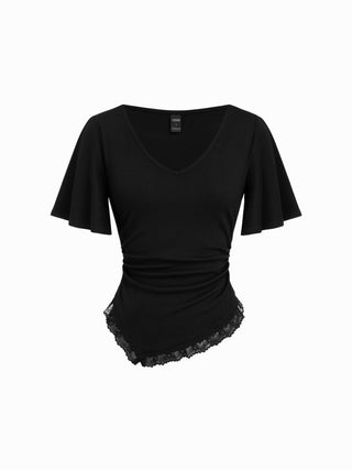 V-neck Bell Sleeve Ruched Lace Trim Asymmetrical Hem Tee