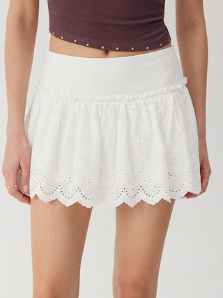 Cotton Low Rise Broderie Anglaise Ruffle Scalloped Hem Mini Skirt