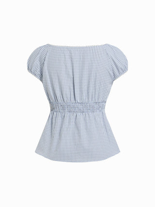 Cotton-blend Scoop Neckline Puff Sleeve Ruched Lace Trim Blouse