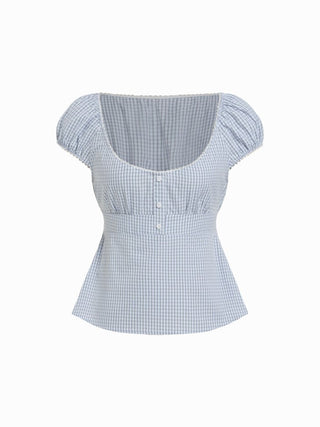 Cotton-blend Scoop Neckline Puff Sleeve Ruched Lace Trim Blouse