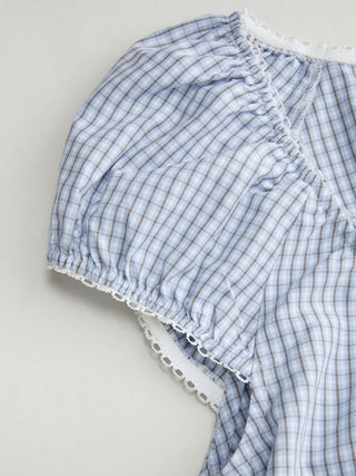 Cotton-blend Scoop Neckline Puff Sleeve Ruched Lace Trim Blouse