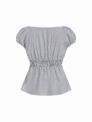 Cotton-blend Scoop Neckline Puff Sleeve Ruched Lace Trim Blouse