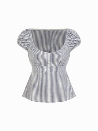 Cotton-blend Scoop Neckline Puff Sleeve Ruched Lace Trim Blouse