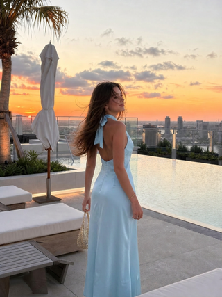 Satin Halter Neck Twist Knotted A-line Maxi Dress