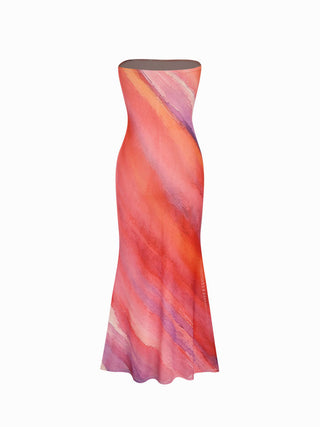 High Stretch Mesh Abstract Bandeau Straight Maxi Dress