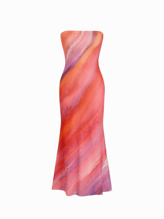 High Stretch Mesh Abstract Bandeau Straight Maxi Dress
