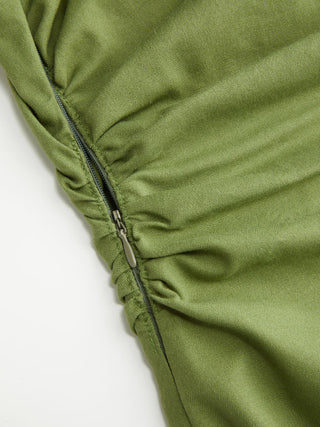 Linen-blend Asymmetrical Neck Ruched A-line Maxi Dress