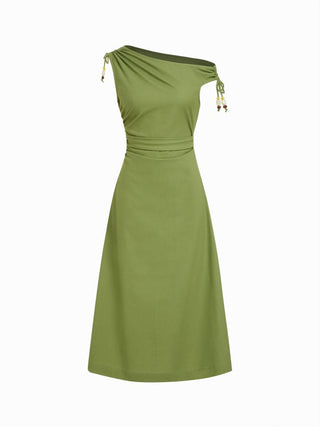Linen-blend Asymmetrical Neck Ruched A-line Maxi Dress