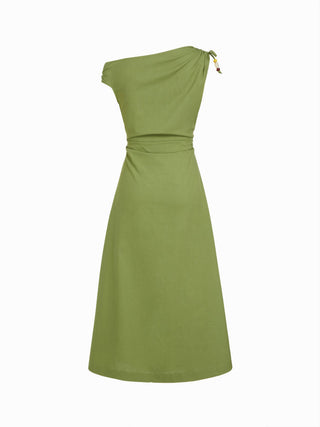 Linen-blend Asymmetrical Neck Ruched A-line Maxi Dress