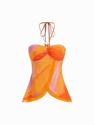Chiffon Abstract Halter Neckline Ruched Beaded Blouse