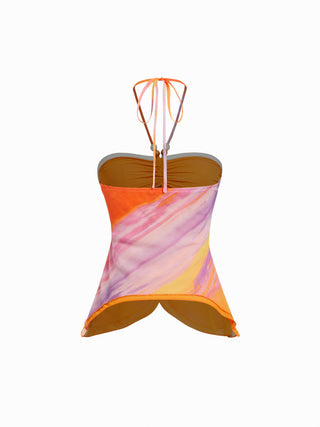 Chiffon Abstract Halter Neckline Ruched Beaded Blouse