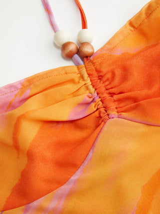 Chiffon Abstract Halter Neckline Ruched Beaded Blouse