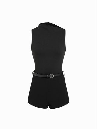 High Neck Sleeveless Belted Romper