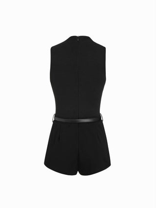 High Neck Sleeveless Belted Romper