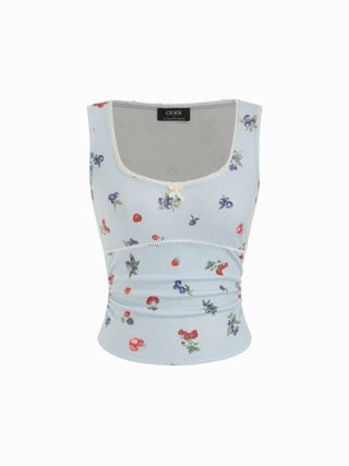 Fruit Graphic Square Neck Ruched Tank Top