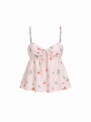Fruit Graphic Sweetheart Neck Knotted Ruched Babydoll Cami Blouse