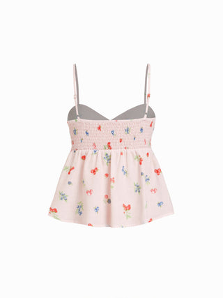 Fruit Graphic Sweetheart Neck Knotted Ruched Babydoll Cami Blouse