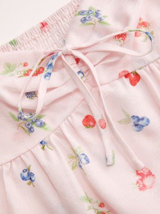 Fruit Graphic Sweetheart Neck Knotted Ruched Babydoll Cami Blouse