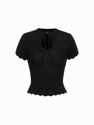 Knit Tie Front Bow Lettuce Trim Short Sleeve Top
