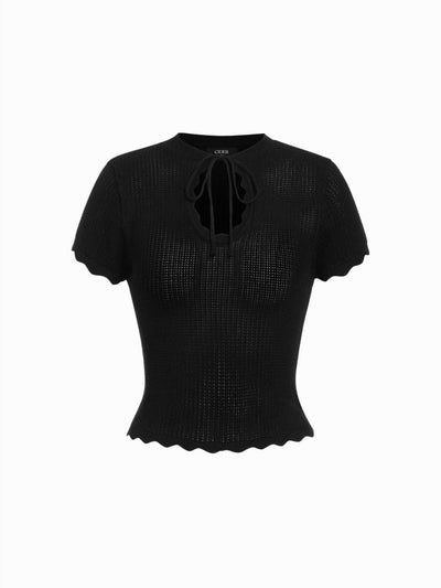 Knit Tie Front Bow Lettuce Trim Short Sleeve Top
