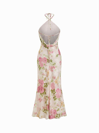 Chiffon Jacquard Floral Halter Neckline Ruffle Mermaid Maxi Dress