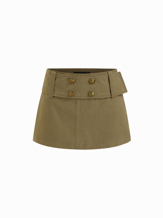 Cotton-blend Low Rise Belted Double Breasted Mini Skirt