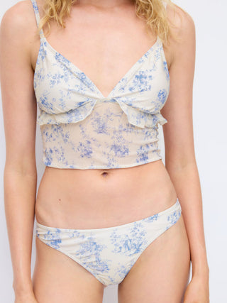 V-neck Toile de Jouy Floral Ruffle Tankini Low Rise Bikini Set