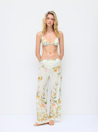 V-neck Fruit Graphic Low Rise Triangle 3 Piece Bikini Set With Pants