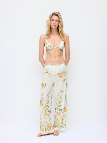 V-neck Fruit Graphic Low Rise Triangle 3 Piece Bikini Set With Pants