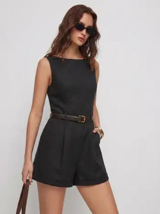 Linen-blend Boat Neck Mid Rise Romper With Belt