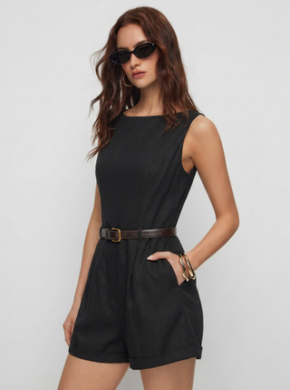 Linen-blend Boat Neck Mid Rise Romper With Belt