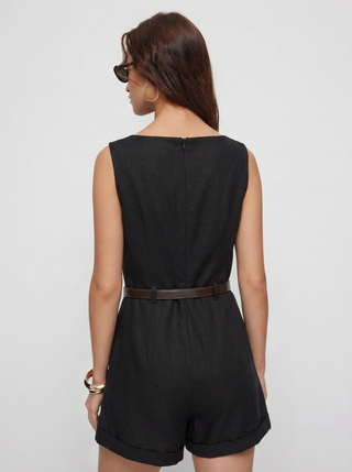 Linen-blend Boat Neck Mid Rise Romper With Belt