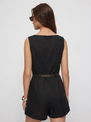 Linen-blend Boat Neck Mid Rise Romper With Belt